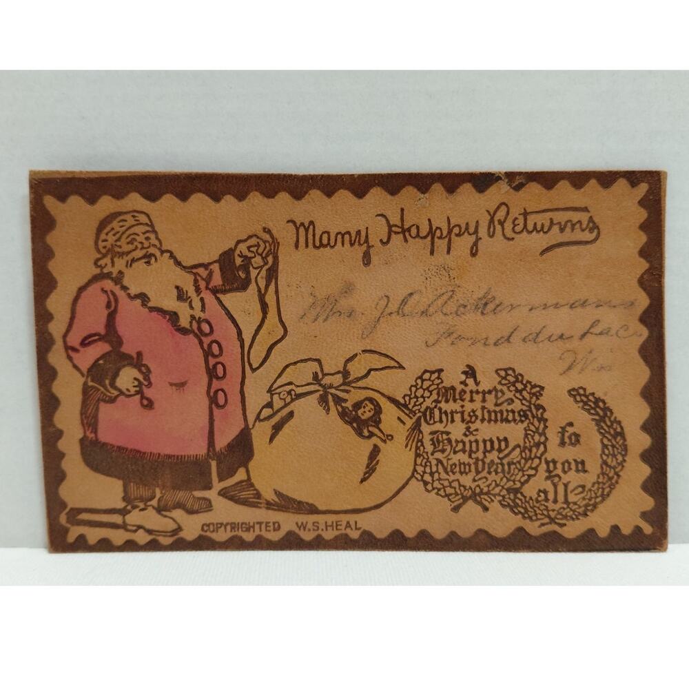 Antique Christmas Postcard Santa Claus Holding a Stocking Leather Undivided